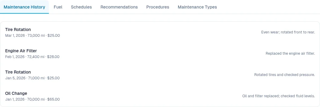 Example maintenance history with oil change, tire rotation, and engine air filter records, each with date, mileage, and cost.